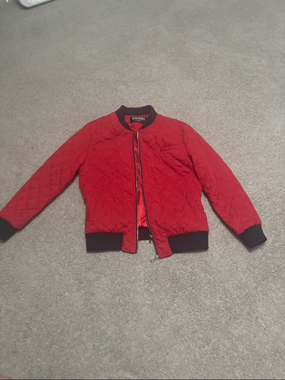 Balmain Red Quilted Bomber with Black Trim